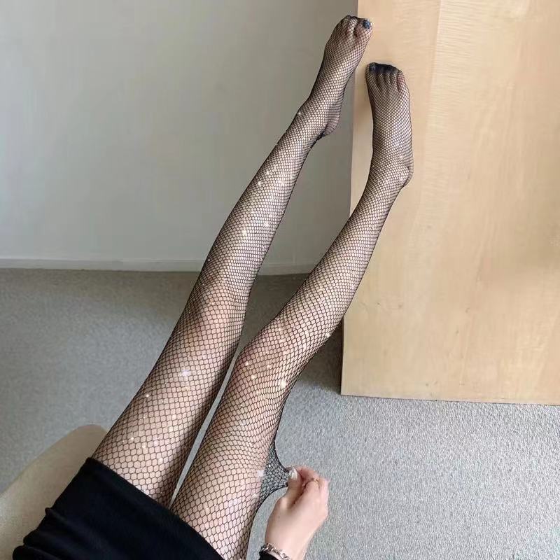 Spring and Summer Black Stockings Women's Thin Rhinestone Fishnet Stockings Rhinestone Sexy Socialite Anti-Snagging Leggings Pantyhose