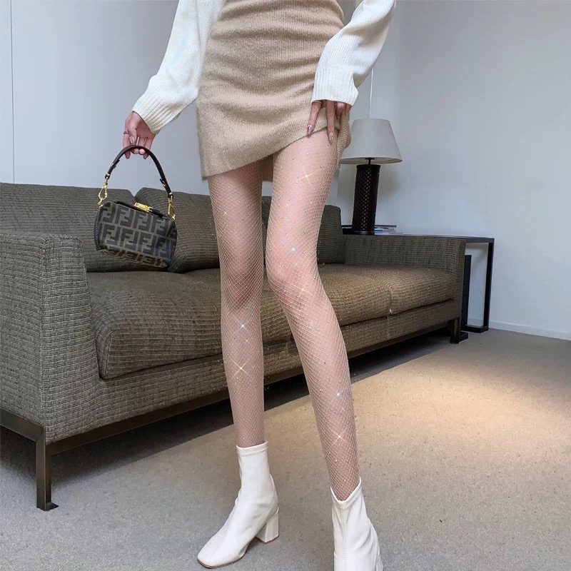 Spring and Summer Black Stockings Women's Thin Rhinestone Fishnet Stockings Rhinestone Sexy Socialite Anti-Snagging Leggings Pantyhose