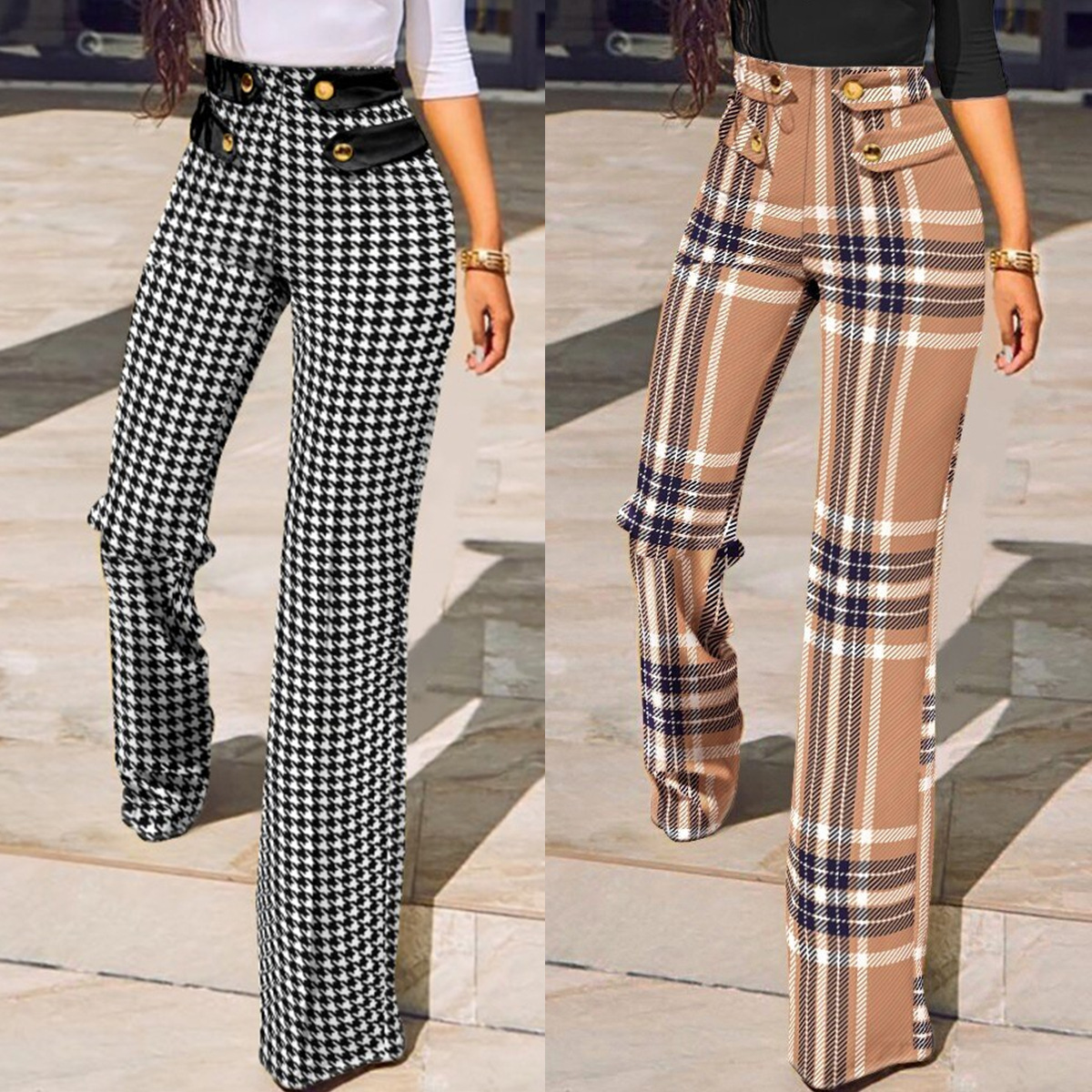2021 Amazon Independent Station European and American New Autumn and Winter Mid-Waist Plaid Tight Split Micro-Flared Sports Trousers for Women
