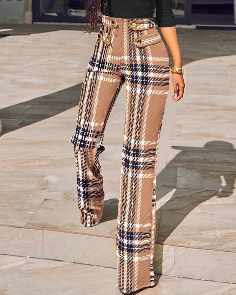 2021 Amazon Independent Station European and American New Autumn and Winter Mid-Waist Plaid Tight Split Micro-Flared Sports Trousers for Women