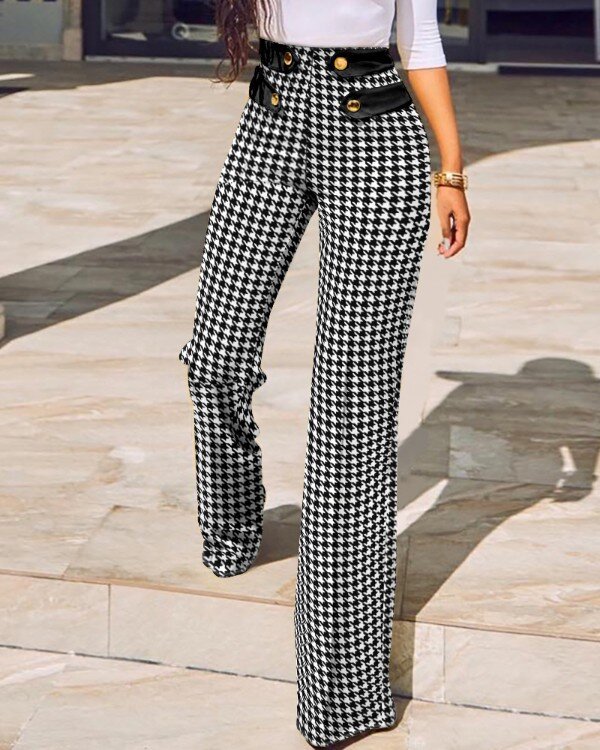 2021 Amazon Independent Station European and American New Autumn and Winter Mid-Waist Plaid Tight Split Micro-Flared Sports Trousers for Women