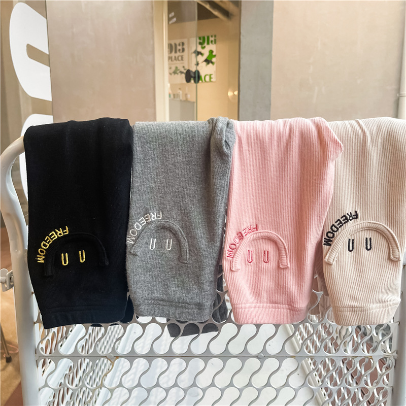 2021 Autumn Girls&#039; High Elasticity Embroidered Smiley Sunken Stripe Slim Fit Leggings Baby Girls&#039; Soft Glutinous Tight Trousers