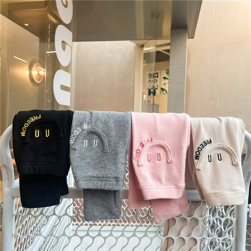 2021 Autumn Girls&#039; High Elasticity Embroidered Smiley Sunken Stripe Slim Fit Leggings Baby Girls&#039; Soft Glutinous Tight Trousers
