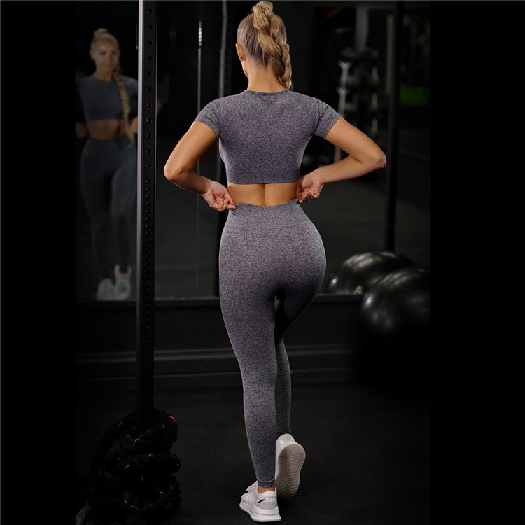 Cross-Border Hot Seamless Tight Fitness Suit Women&#039;s Plain Sports Short-Sleeved Trousers Two-Piece Yoga Clothes Wholesale