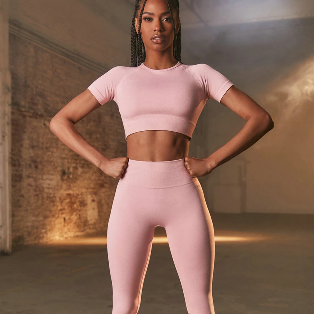 Cross-Border Hot Seamless Tight Fitness Suit Women's Plain Sports Short-Sleeved Trousers Two-Piece Yoga Clothes Wholesale Cross-Border Hot Seamless Tight Fitness Suit Women's Plain Sports Short-Sleeved Trousers Two-Piece Yoga Clothes Wholesale