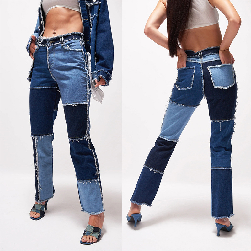 2020 Summer New Big Amazon Occident Fashion Variegated Stitching High Waist Tight Hip Women&#039;s Straight Denim Trousers