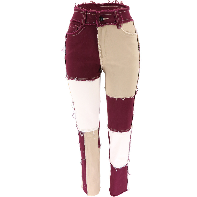 2020 Summer New Big Amazon Occident Fashion Variegated Stitching High Waist Tight Hip Women's Straight Denim Trousers 2020 Summer New Big Amazon Occident Fashion Variegated Stitching High Waist Tight Hip Women's Straight Denim Trousers