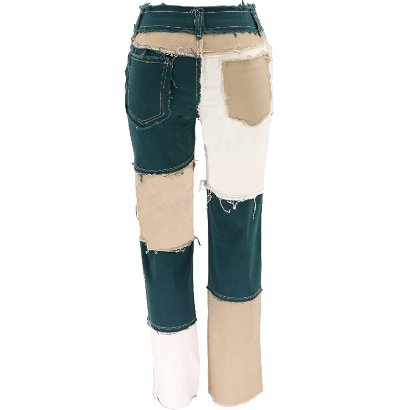 2020 Summer New Big Amazon Occident Fashion Variegated Stitching High Waist Tight Hip Women's Straight Denim Trousers 2020 Summer New Big Amazon Occident Fashion Variegated Stitching High Waist Tight Hip Women's Straight Denim Trousers