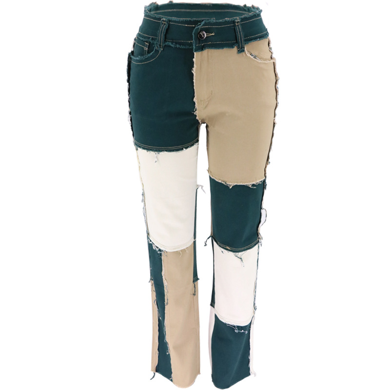 2020 Summer New Big Amazon Occident Fashion Variegated Stitching High Waist Tight Hip Women's Straight Denim Trousers 2020 Summer New Big Amazon Occident Fashion Variegated Stitching High Waist Tight Hip Women's Straight Denim Trousers