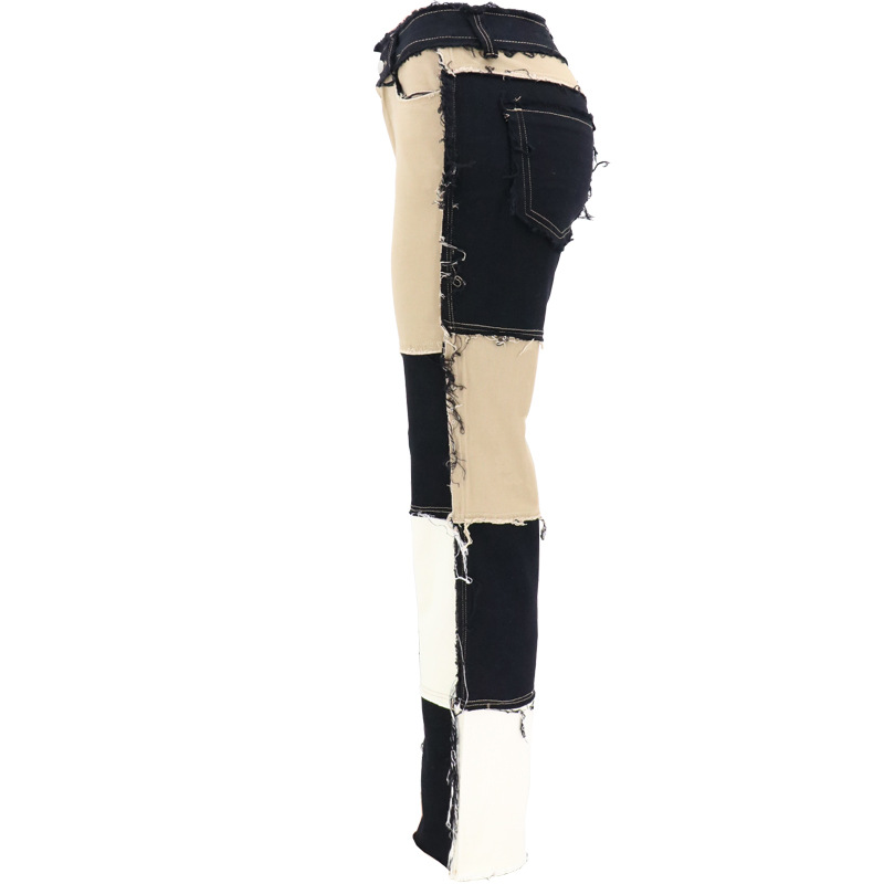 2020 Summer New Big Amazon Occident Fashion Variegated Stitching High Waist Tight Hip Women's Straight Denim Trousers 2020 Summer New Big Amazon Occident Fashion Variegated Stitching High Waist Tight Hip Women's Straight Denim Trousers
