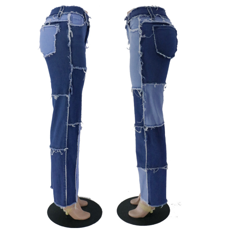 2020 Summer New Big Amazon Occident Fashion Variegated Stitching High Waist Tight Hip Women&#039;s Straight Denim Trousers