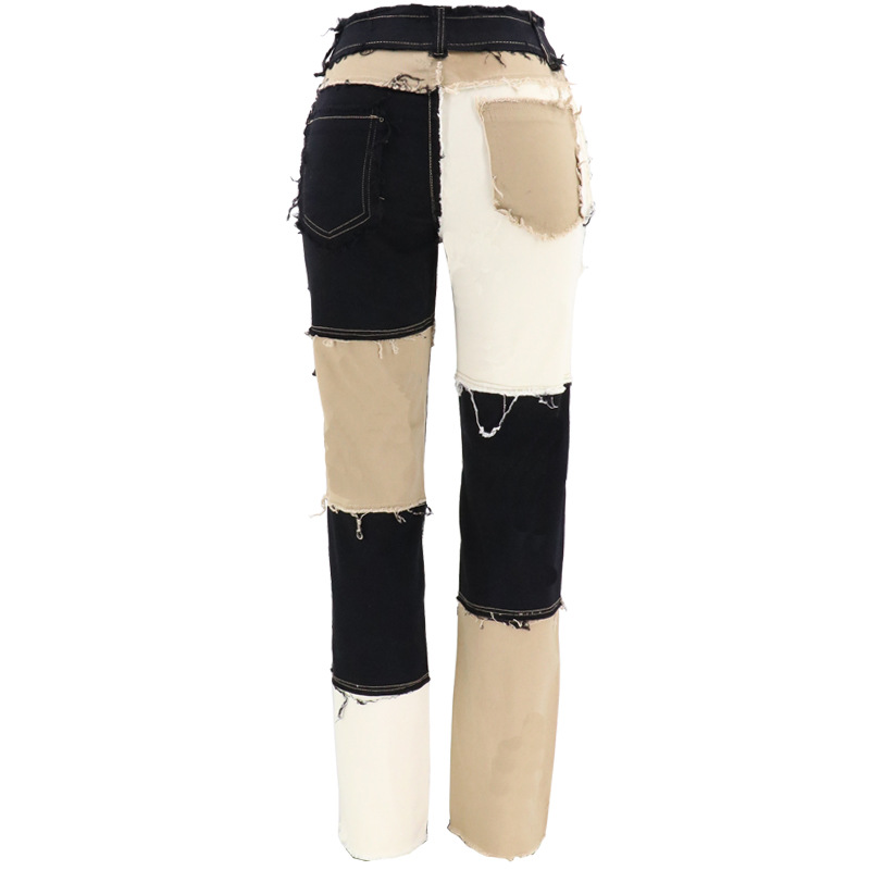 2020 Summer New Big Amazon Occident Fashion Variegated Stitching High Waist Tight Hip Women's Straight Denim Trousers 2020 Summer New Big Amazon Occident Fashion Variegated Stitching High Waist Tight Hip Women's Straight Denim Trousers