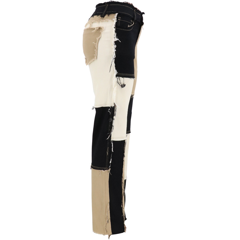 2020 Summer New Big Amazon Occident Fashion Variegated Stitching High Waist Tight Hip Women's Straight Denim Trousers 2020 Summer New Big Amazon Occident Fashion Variegated Stitching High Waist Tight Hip Women's Straight Denim Trousers