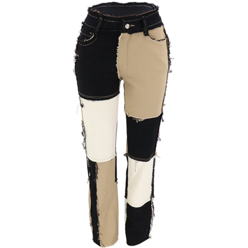 2020 Summer New Big Amazon Occident Fashion Variegated Stitching High Waist Tight Hip Women's Straight Denim Trousers 2020 Summer New Big Amazon Occident Fashion Variegated Stitching High Waist Tight Hip Women's Straight Denim Trousers