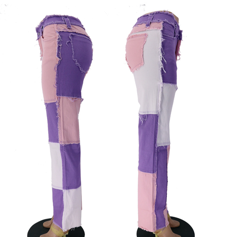 2020 Summer New Big Amazon Occident Fashion Variegated Stitching High Waist Tight Hip Women's Straight Denim Trousers 2020 Summer New Big Amazon Occident Fashion Variegated Stitching High Waist Tight Hip Women's Straight Denim Trousers