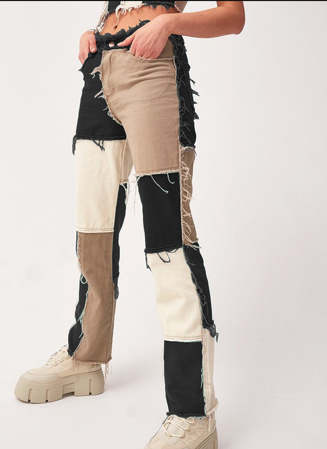 2020 Summer New Big Amazon Occident Fashion Variegated Stitching High Waist Tight Hip Women's Straight Denim Trousers 2020 Summer New Big Amazon Occident Fashion Variegated Stitching High Waist Tight Hip Women's Straight Denim Trousers
