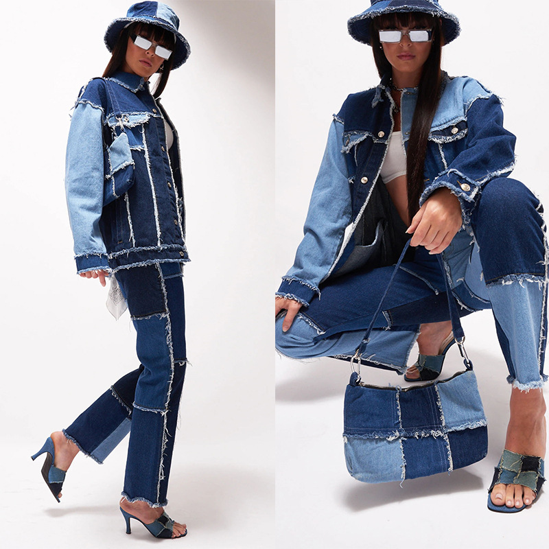 2020 Summer New Big Amazon Occident Fashion Variegated Stitching High Waist Tight Hip Women's Straight Denim Trousers 2020 Summer New Big Amazon Occident Fashion Variegated Stitching High Waist Tight Hip Women's Straight Denim Trousers