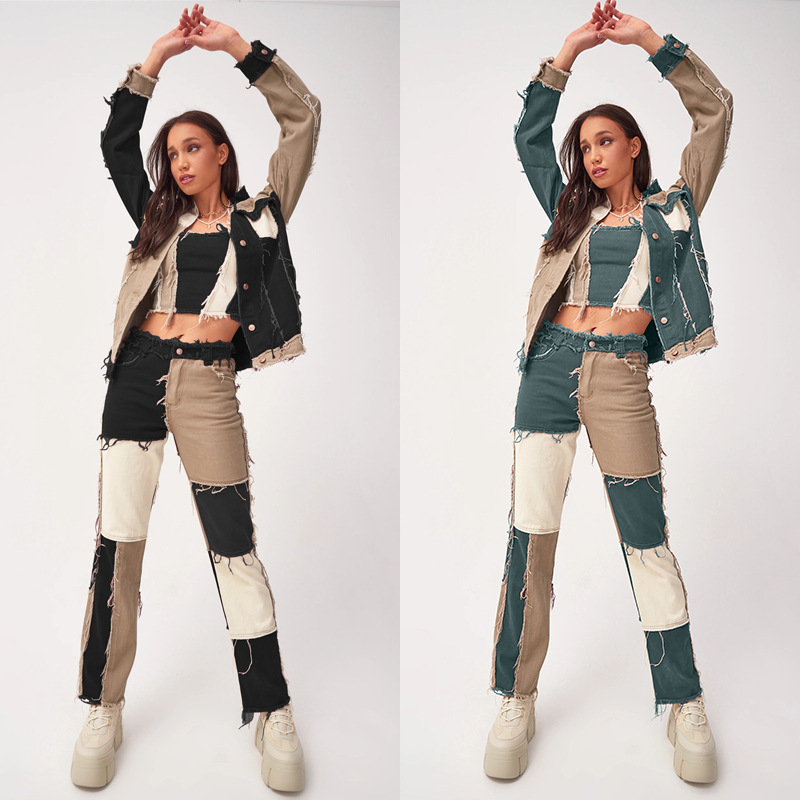 2020 Summer New Big Amazon Occident Fashion Variegated Stitching High Waist Tight Hip Women's Straight Denim Trousers 2020 Summer New Big Amazon Occident Fashion Variegated Stitching High Waist Tight Hip Women's Straight Denim Trousers