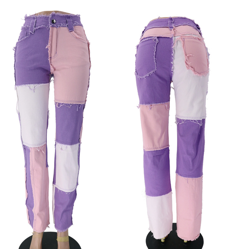 2020 Summer New Big Amazon Occident Fashion Variegated Stitching High Waist Tight Hip Women's Straight Denim Trousers 2020 Summer New Big Amazon Occident Fashion Variegated Stitching High Waist Tight Hip Women's Straight Denim Trousers