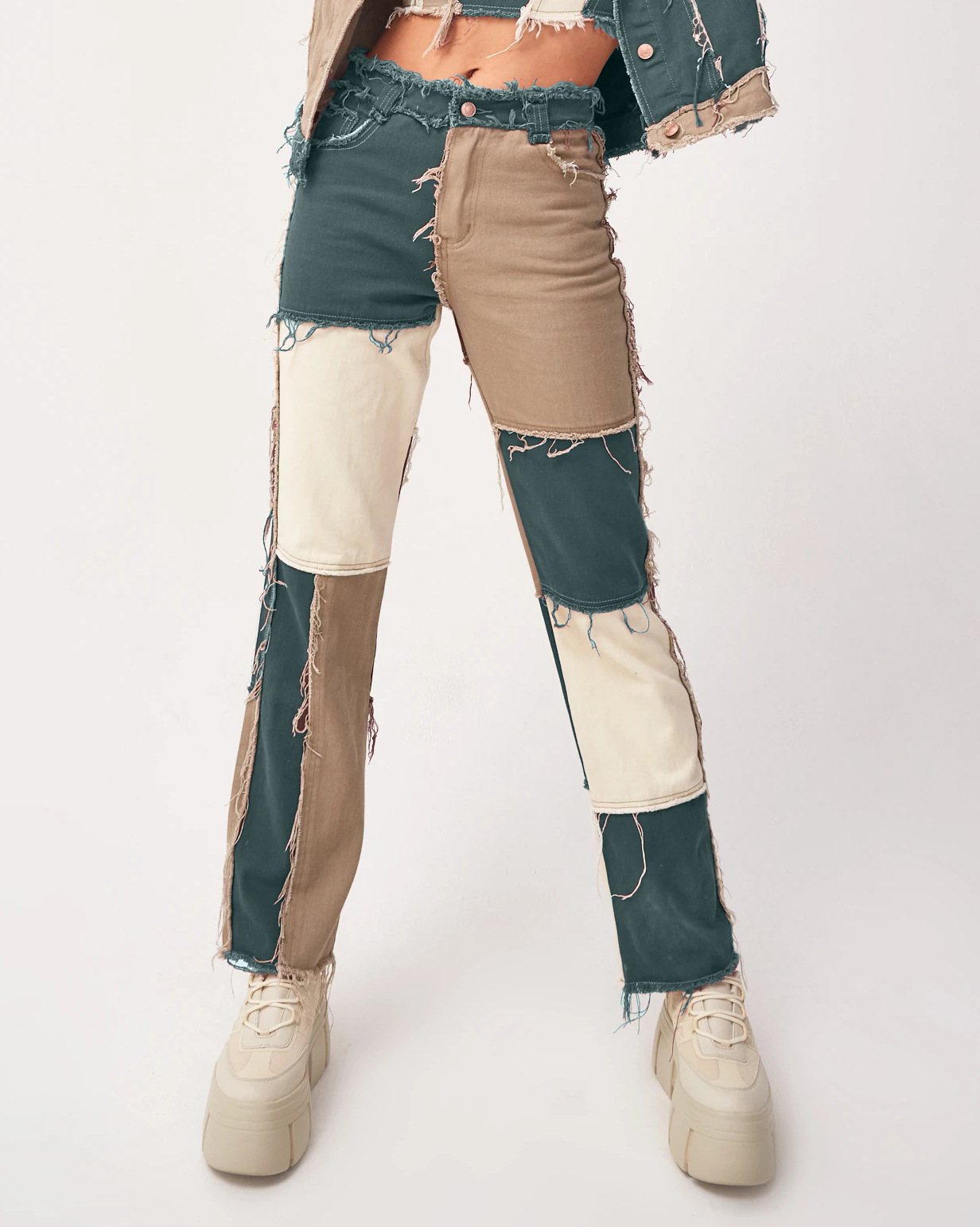 2020 Summer New Big Amazon Occident Fashion Variegated Stitching High Waist Tight Hip Women's Straight Denim Trousers 2020 Summer New Big Amazon Occident Fashion Variegated Stitching High Waist Tight Hip Women's Straight Denim Trousers