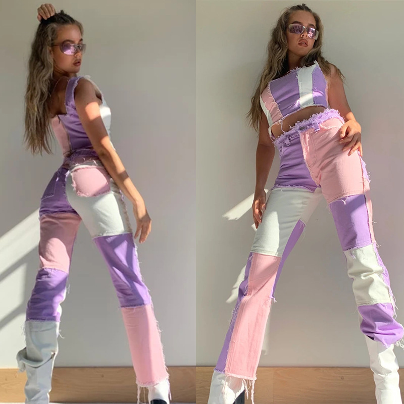 2020 Summer New Big Amazon Occident Fashion Variegated Stitching High Waist Tight Hip Women's Straight Denim Trousers 2020 Summer New Big Amazon Occident Fashion Variegated Stitching High Waist Tight Hip Women's Straight Denim Trousers