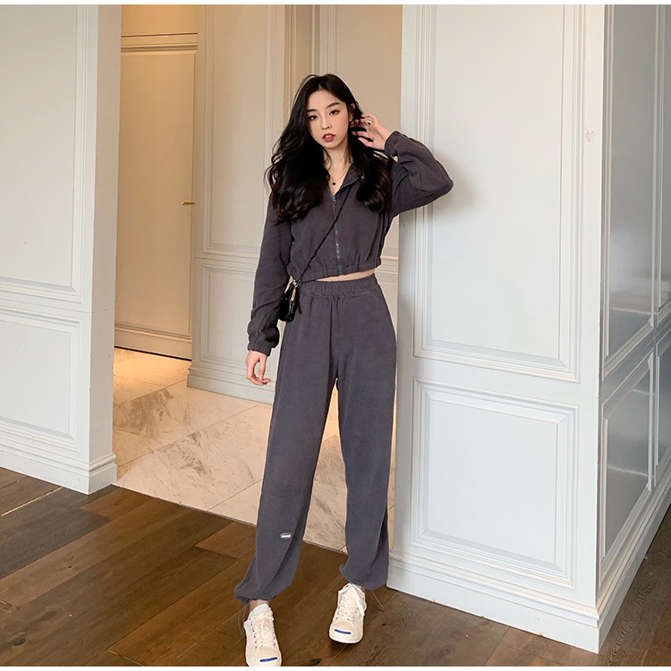 Real Shot Cost-Effective Korean Style Women's Retro Loose Hooded Sweater Waist-Tight Hoodie + Sports Trousers Casual Suit