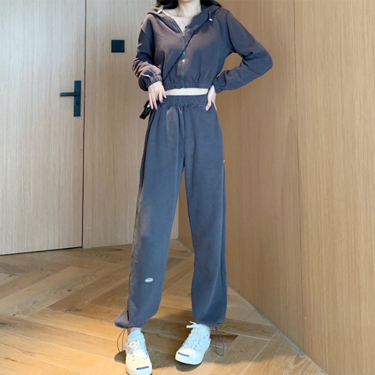 Real Shot Cost-Effective Korean Style Women&#039;s Retro Loose Hooded Sweater Waist-Tight Hoodie + Sports Trousers Casual Suit