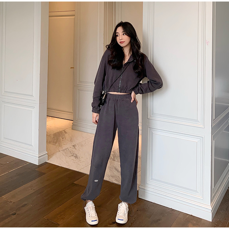 Real Shot Cost-Effective Korean Style Women's Retro Loose Hooded Sweater Waist-Tight Hoodie + Sports Trousers Casual Suit