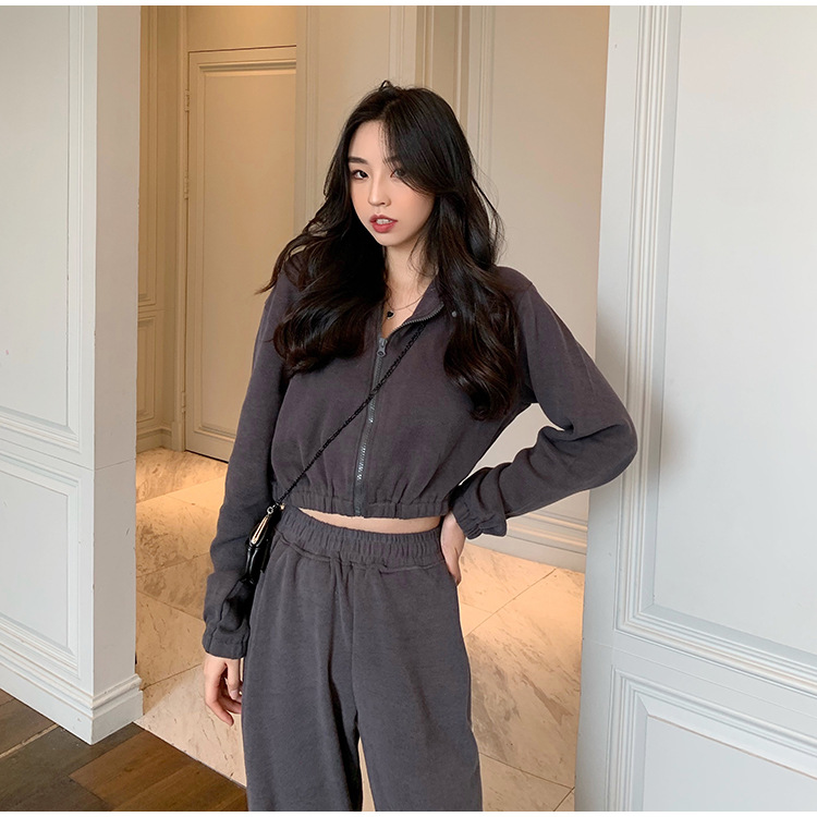 Real Shot Cost-Effective Korean Style Women's Retro Loose Hooded Sweater Waist-Tight Hoodie + Sports Trousers Casual Suit