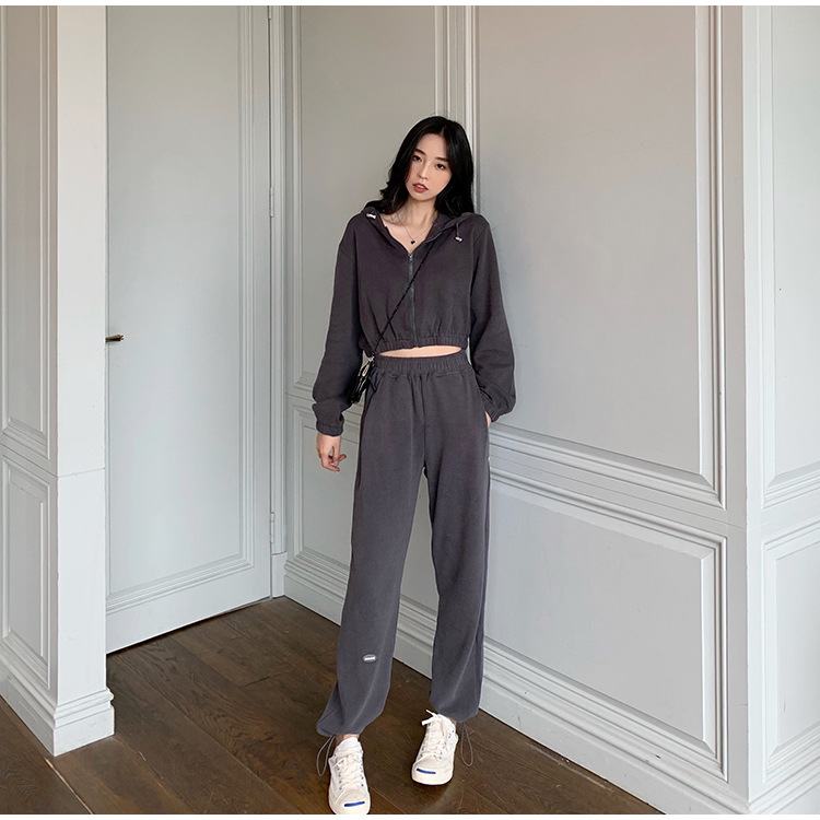 Real Shot Cost-Effective Korean Style Women's Retro Loose Hooded Sweater Waist-Tight Hoodie + Sports Trousers Casual Suit