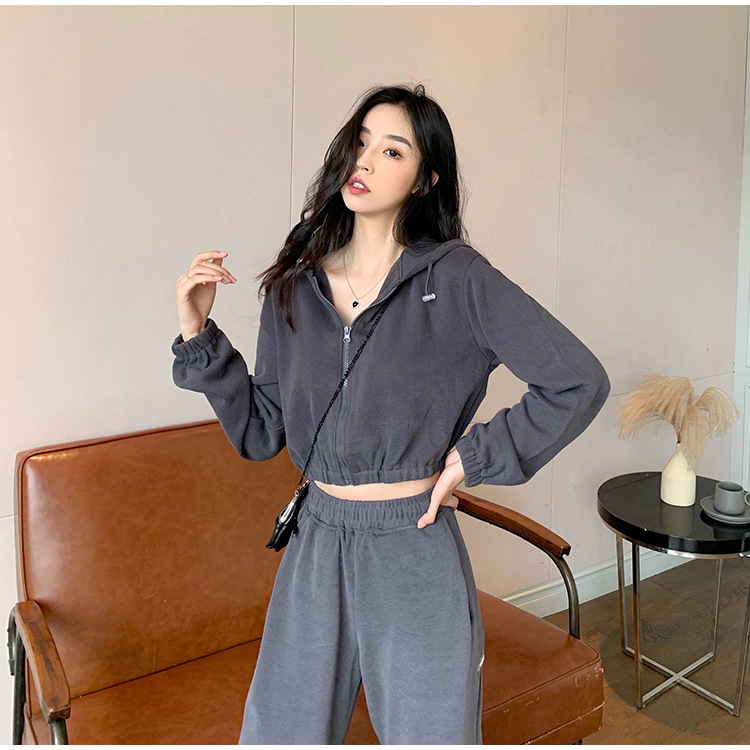 Real Shot Cost-Effective Korean Style Women's Retro Loose Hooded Sweater Waist-Tight Hoodie + Sports Trousers Casual Suit