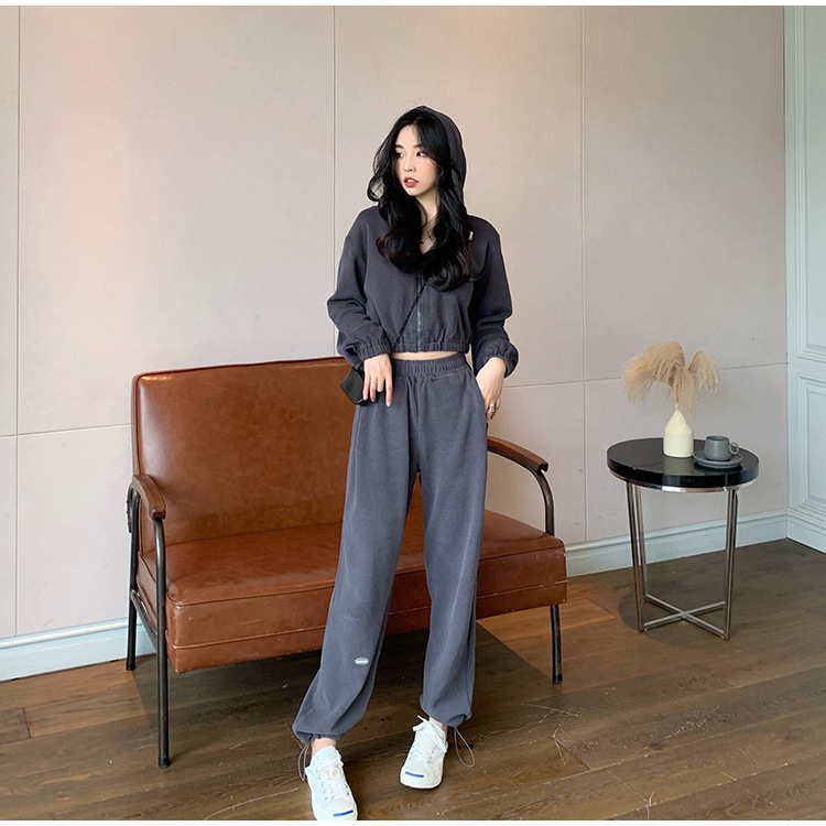 Real Shot Cost-Effective Korean Style Women's Retro Loose Hooded Sweater Waist-Tight Hoodie + Sports Trousers Casual Suit