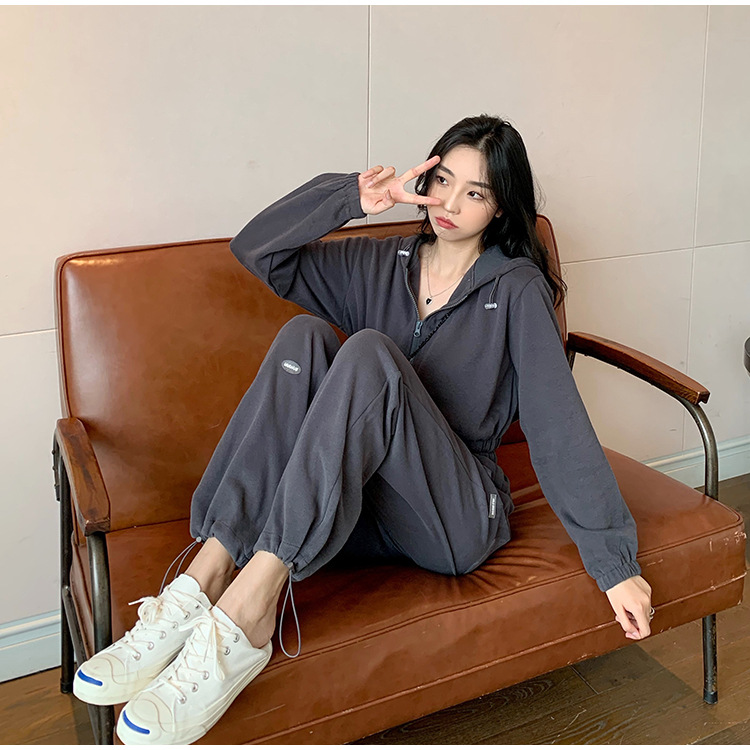 Real Shot Cost-Effective Korean Style Women's Retro Loose Hooded Sweater Waist-Tight Hoodie + Sports Trousers Casual Suit