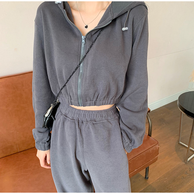 Real Shot Cost-Effective Korean Style Women's Retro Loose Hooded Sweater Waist-Tight Hoodie + Sports Trousers Casual Suit