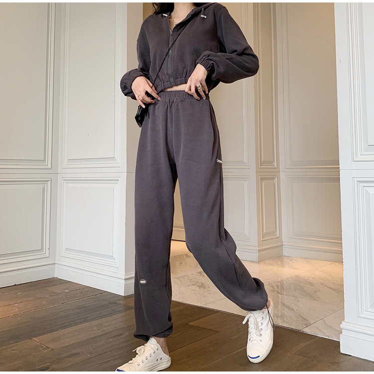Real Shot Cost-Effective Korean Style Women's Retro Loose Hooded Sweater Waist-Tight Hoodie + Sports Trousers Casual Suit