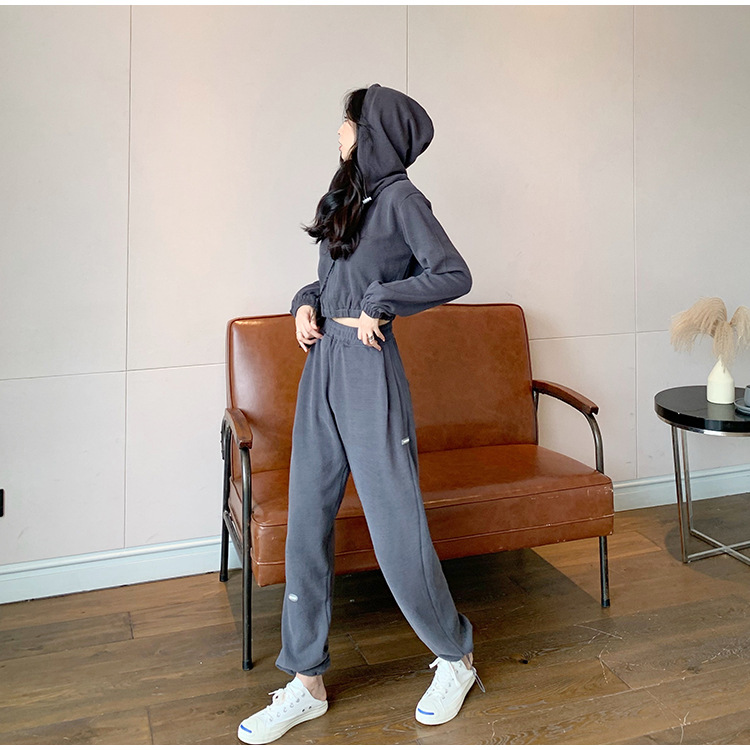 Real Shot Cost-Effective Korean Style Women's Retro Loose Hooded Sweater Waist-Tight Hoodie + Sports Trousers Casual Suit