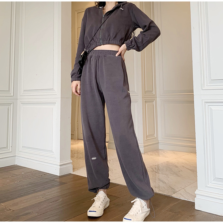 Real Shot Cost-Effective Korean Style Women's Retro Loose Hooded Sweater Waist-Tight Hoodie + Sports Trousers Casual Suit