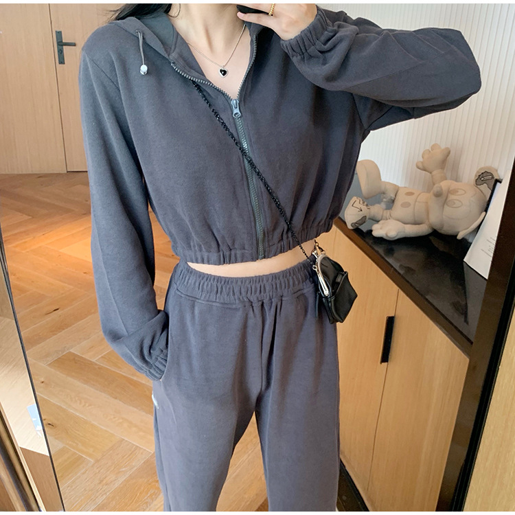 Real Shot Cost-Effective Korean Style Women's Retro Loose Hooded Sweater Waist-Tight Hoodie + Sports Trousers Casual Suit