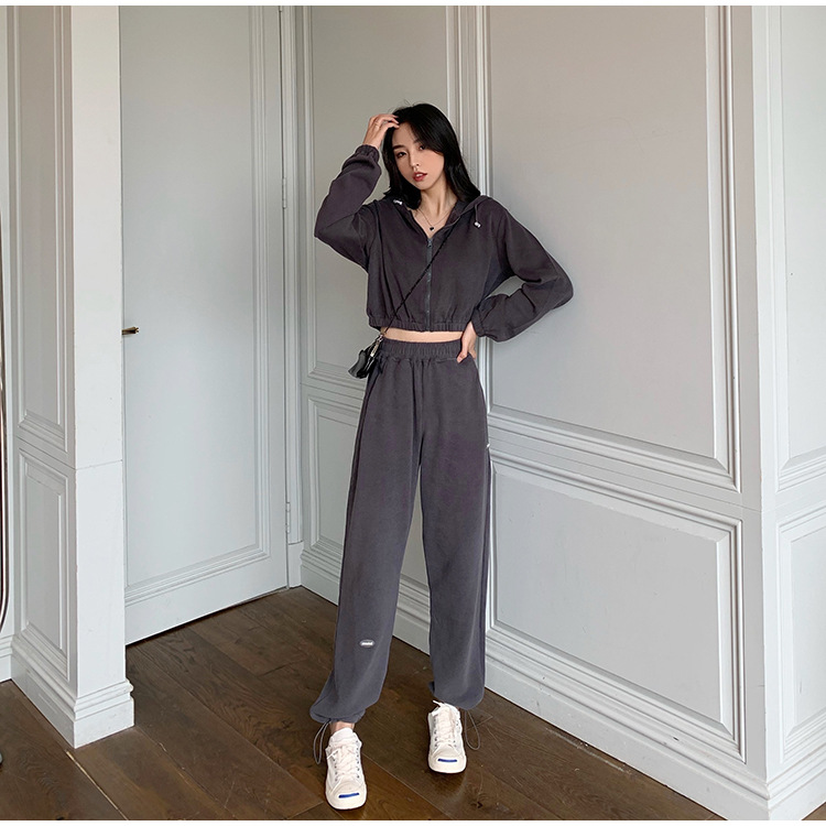 Real Shot Cost-Effective Korean Style Women's Retro Loose Hooded Sweater Waist-Tight Hoodie + Sports Trousers Casual Suit