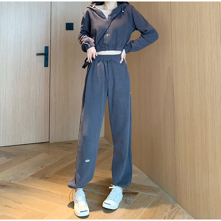 Real Shot Cost-Effective Korean Style Women's Retro Loose Hooded Sweater Waist-Tight Hoodie + Sports Trousers Casual Suit