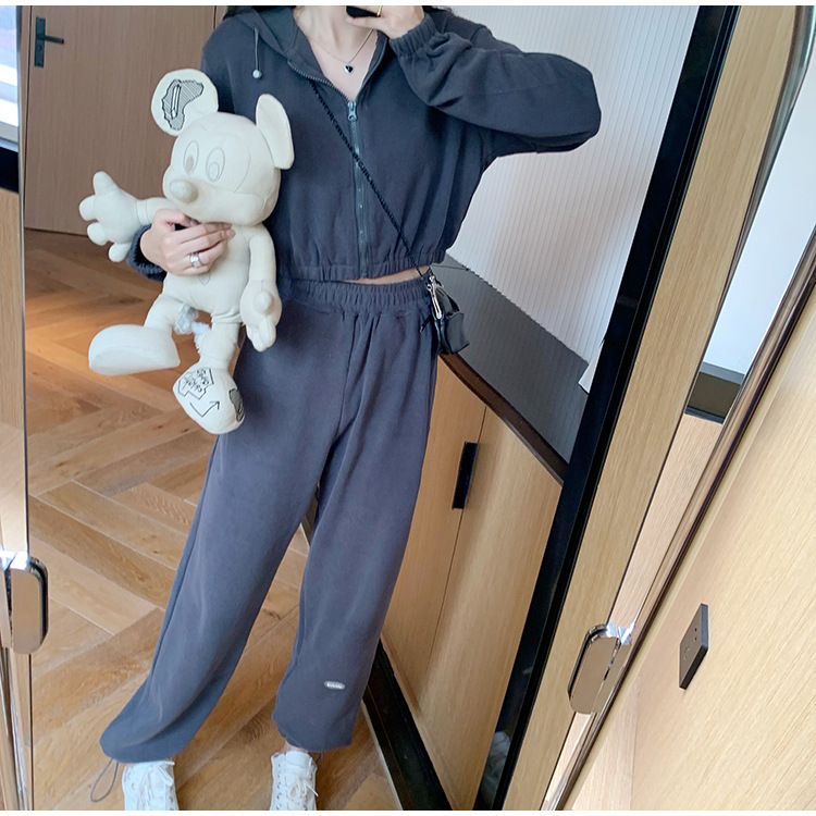 Real Shot Cost-Effective Korean Style Women's Retro Loose Hooded Sweater Waist-Tight Hoodie + Sports Trousers Casual Suit