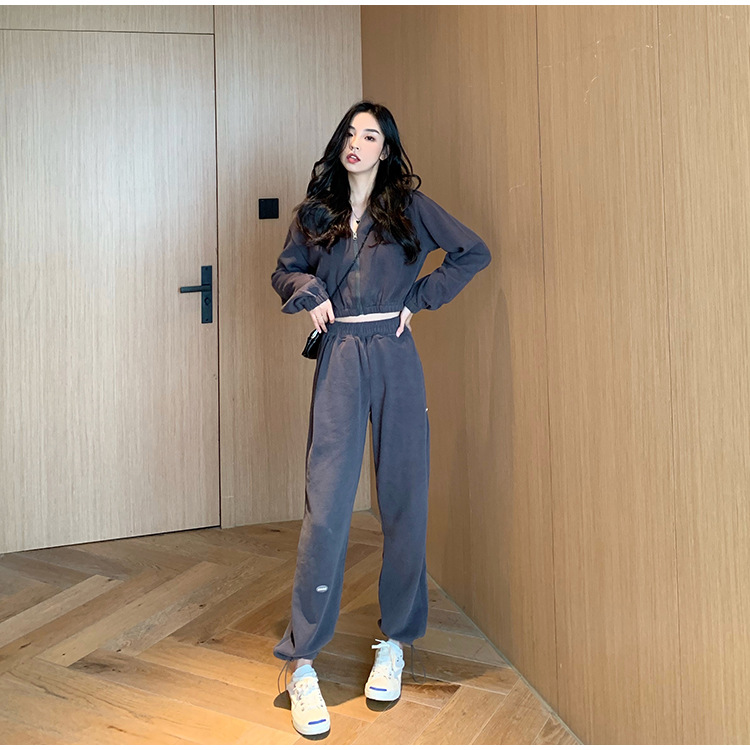 Real Shot Cost-Effective Korean Style Women's Retro Loose Hooded Sweater Waist-Tight Hoodie + Sports Trousers Casual Suit