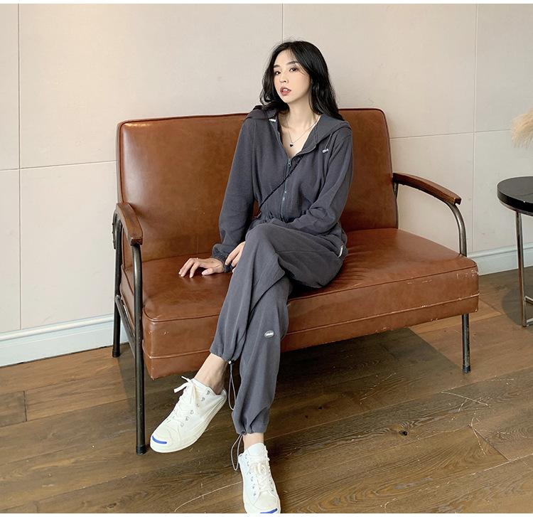 Real Shot Cost-Effective Korean Style Women's Retro Loose Hooded Sweater Waist-Tight Hoodie + Sports Trousers Casual Suit