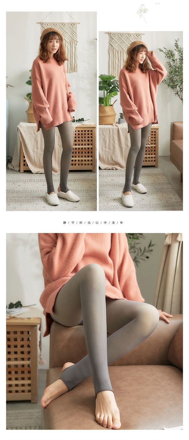 Autumn and Winter Warm Stewardess Gray One-Piece Trousers Fleece-Lined Thickened High Waist Tight Transparent Sheer Tights Leggings Women's Outer Wear