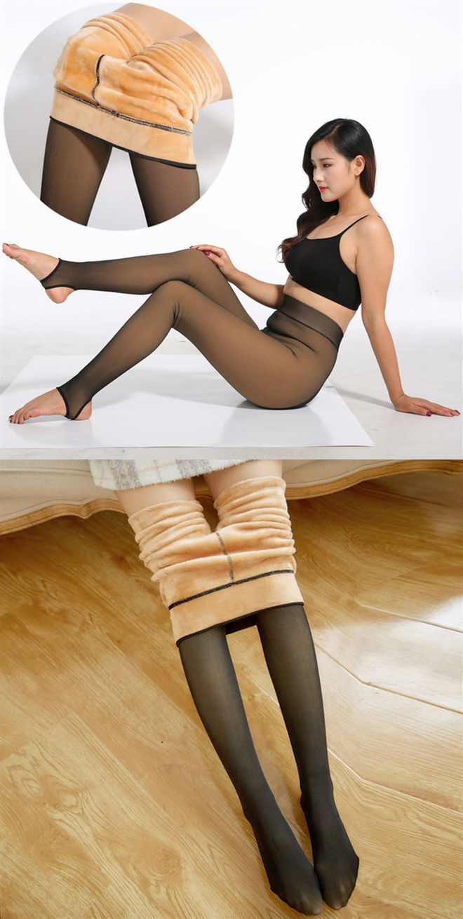 Autumn and Winter Warm Stewardess Gray One-Piece Trousers Fleece-Lined Thickened High Waist Tight Transparent Sheer Tights Leggings Women's Outer Wear