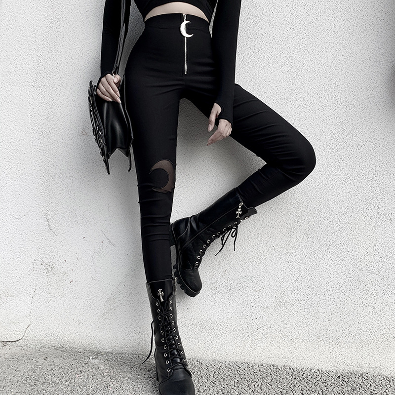 92382 European and American Autumn and Winter New Crescent Zipper High Waist Tight Skinny Trousers Women&#039;s Ins Casual Black Leggings