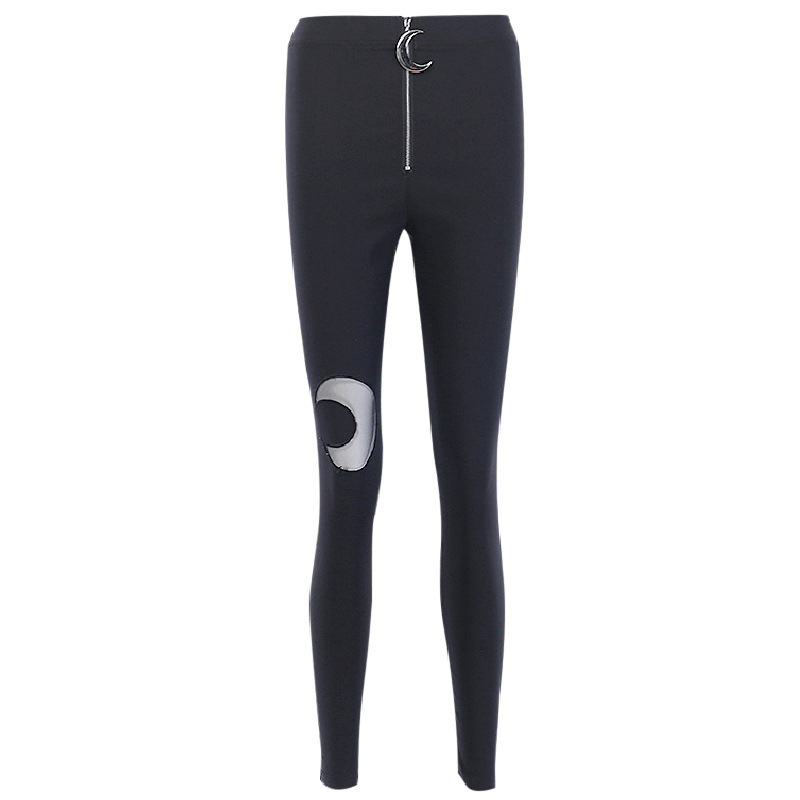 92382 European and American Autumn and Winter New Crescent Zipper High Waist Tight Skinny Trousers Women&#039;s Ins Casual Black Leggings