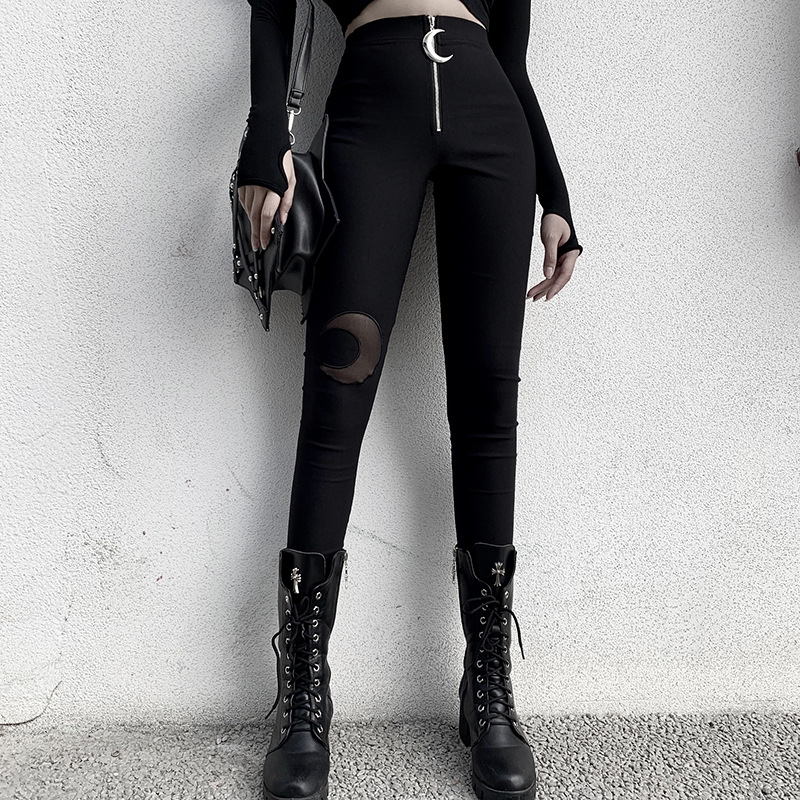 92382 European and American Autumn and Winter New Crescent Zipper High Waist Tight Skinny Trousers Women's Ins Casual Black Leggings
