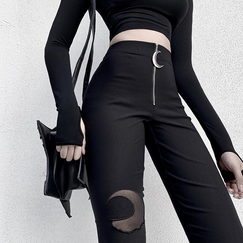 92382 European and American Autumn and Winter New Crescent Zipper High Waist Tight Skinny Trousers Women's Ins Casual Black Leggings