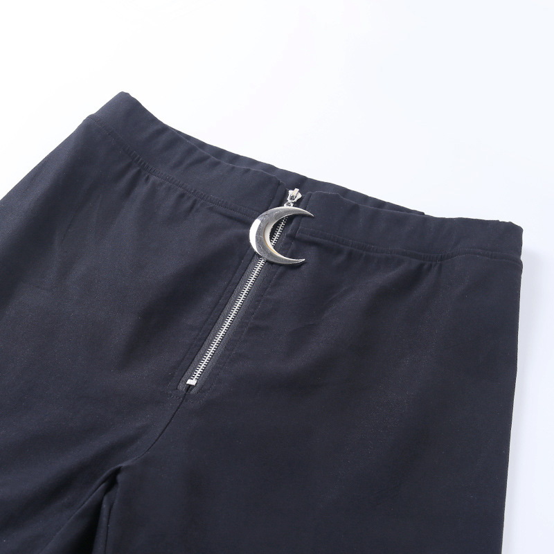 92382 European and American Autumn and Winter New Crescent Zipper High Waist Tight Skinny Trousers Women's Ins Casual Black Leggings